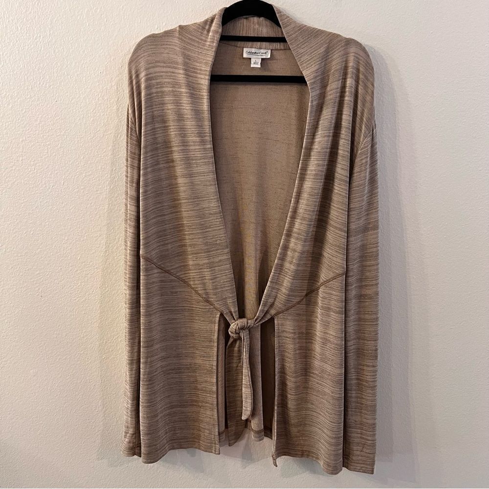 Coldwater Creek Cardigan Sweater Travel Knit Size Large Tan Tie Front